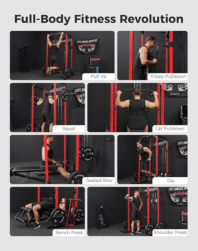 Mikolo F4 2.0 Power Cage with Dual-Track Smooth Pulley System, 1200LBS Power Rack with Leg Hold-Down for Heavy LAT Pulldowns, All-in-One Squat Rack with More Training Attachments for Home Gym