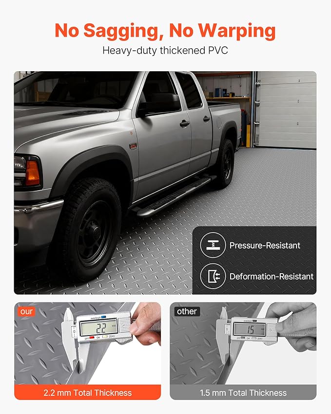 VEVOR Garage Floor Roll, 7.5 x 17 ft Garage Flooring Mat, 2.2 mm Thickened PVC Diamond Plate Floor Protector Mat with Double-Sided Tape, Non-Slip, Easy to Clean for Warehouse, Gyms,Silver Gray