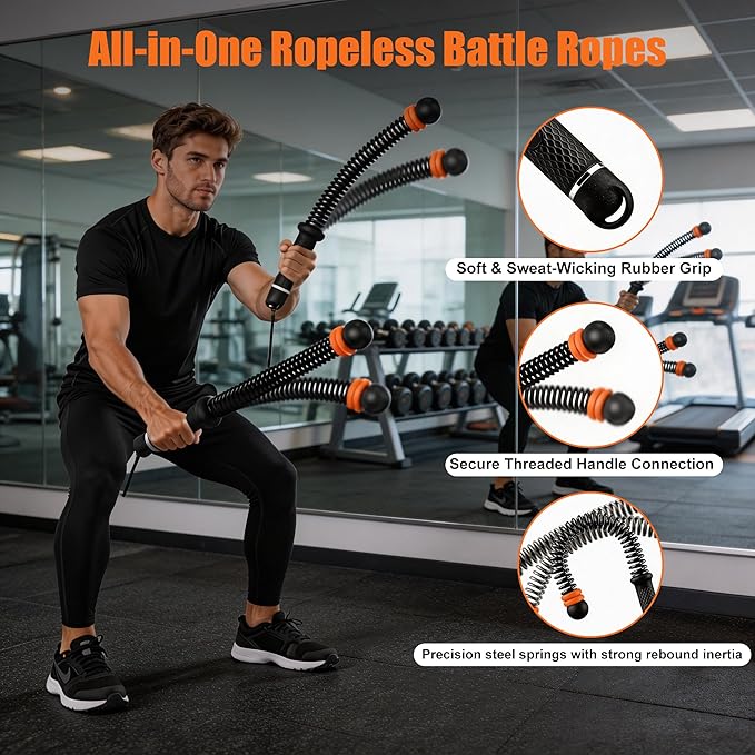 2PC Ropeless Battle Ropes,Portable Cordless Weighted Battle Ropes with Storage Bag, Heavy Duty Cordless Battle Rope for Home Gym HIIT & Cardio Full-Body Workout Tool with Non-Slip Spiral Handles Grey