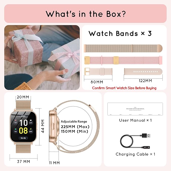 Smart Watch for Women, 30 Day+ Battery 44MM HD Smartwatch Compatible iPhone Android with Fitness Tracker/Bluetooth Calling/Heart Rate/SpO2/Sleep Monitor, 120+ Sports Modes, 3 Bands/Gift Womens