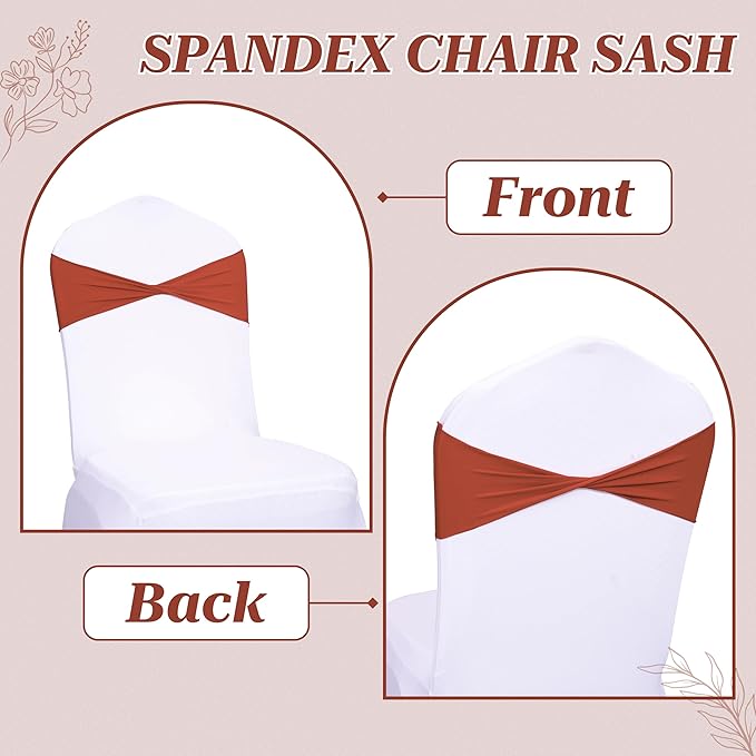 MDS Pack of 25 Spandex Chair Sashes Bows Elastic Stretch Dining Chair Bands Ties Without Slider Buckle Universal fits for Wedding Baby Shower Birthday Party Banquet Event Decoration - Terracotta