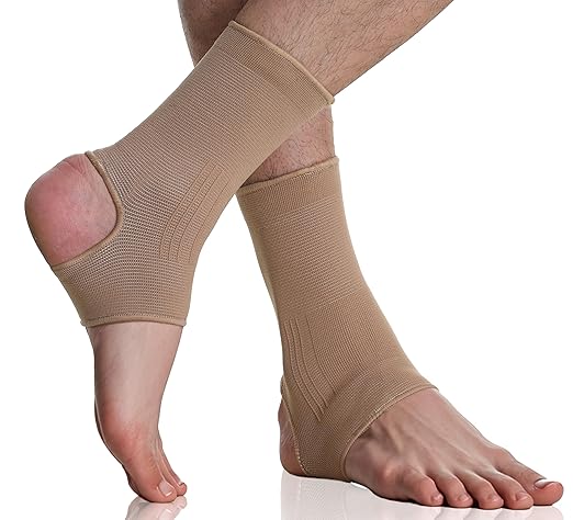 NeoTech Care Ankle Support Sleeve - Open Heel, Light, Elastic & Breathable Knitted Fabric - Medium Compression - For Men, Women, Kids - Right or Left Foot (Beige Color, Size L, 1 Pair)