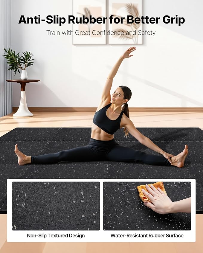 VEVOR 0.56Inch 96sq.ft 24 Tiles Gym Flooring for Home Gym, Rubber Top with High Density EVA Foam, 24 x 24In Gym Floor Exercise Equipment Mats, Interlocking Gym Mats, Puzzle Workout Mats, Black & Gray