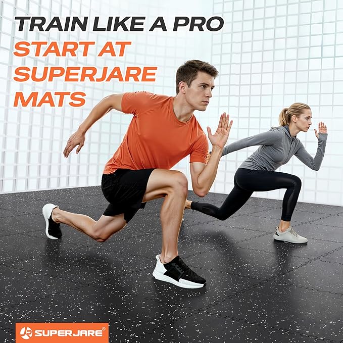 SUPERJARE 0.56'' Thick 24 Pcs 96 Sq Ft Rubber Top Exercise Equipment Mats, High Density EVA Foam Mats with Rubber Top, Interlocking Gym Flooring for Home Gym, Protective Workout Mat, Black/Grey