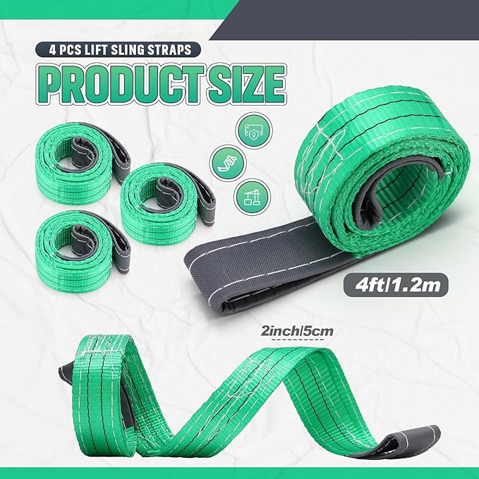 4 Pcs Lift Sling Straps Heavy Duty Web Slings Straps Polyester Nylon for Hoist Car Outdoor Using