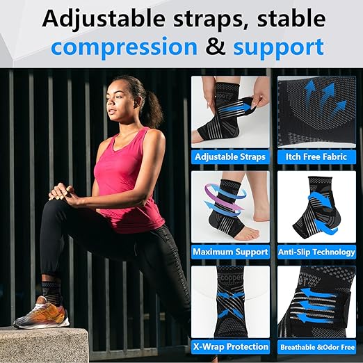 DRNAIETY Copper Ankle Brace for Men & Women - 1 Pair Adjustable Ankle Support Compression Sleeve for Plantar Fasciitis, Achilles Tendonitis, Foot Pain, Swelling, Sprains - Everyday Use (Black, Small)