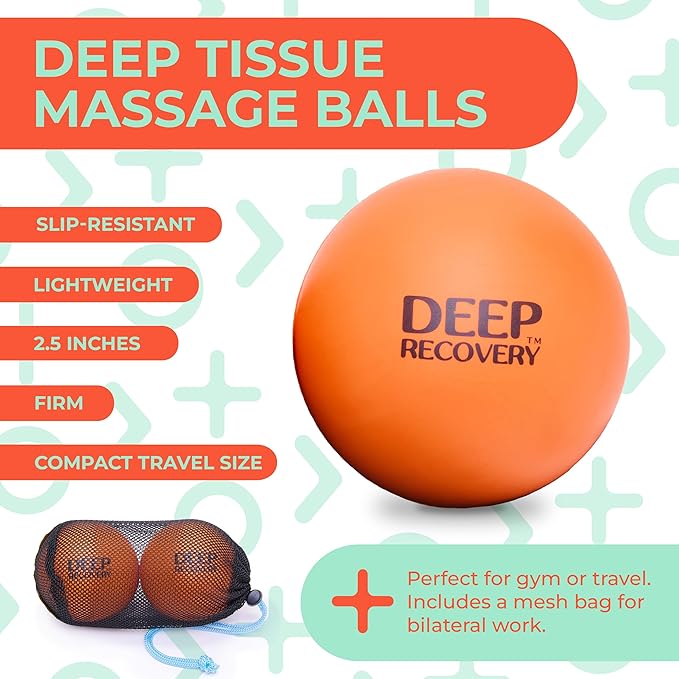 Deep Recovery Sport Yoga Deep Tissue Massage Ball Set, Extra Firm – Lacrosse Ball Size (2.5in) Myofascial Release Balls for Feet, Back, Neck, Legs, & Arms – Trigger Point & Mobility Therapy (2-Pack)