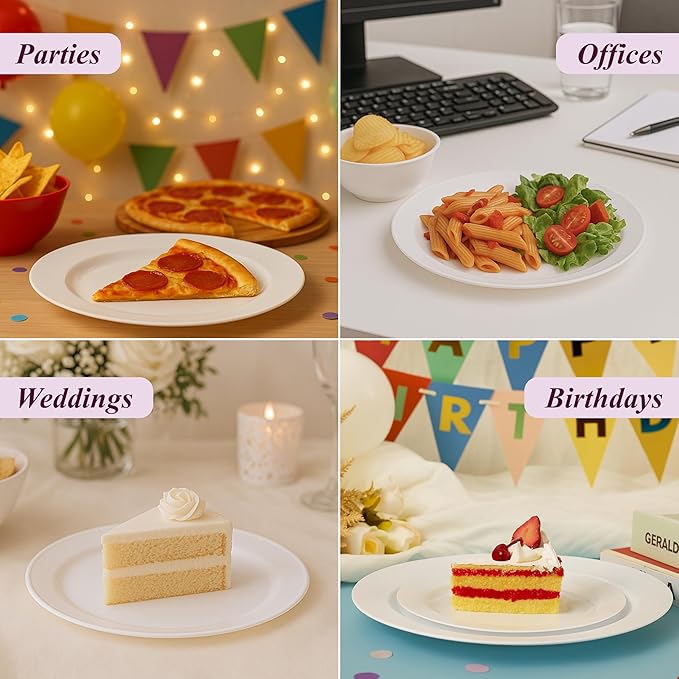 Aya's 120 Pack White Plastic Plates for Party - Round, Heavy Duty, Disposable Plate Set, 60 Each of 10" Dinner and 7.5" Salad Dessert Plates - Ideal for Weddings, Holidays, and Special Events