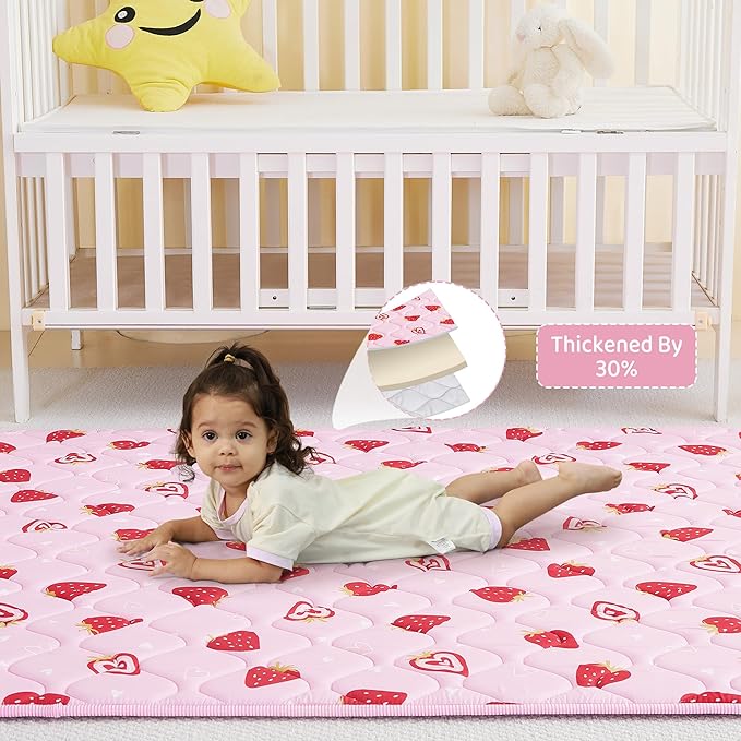 Viviland Baby Play Mats for Floor, Thicken Cushioning Padding Foam Playmate for Baby and Toddlers Infants, 71" x 59" Playpen Mat, Non-Slip & Machine Washable - Pink Strawberry