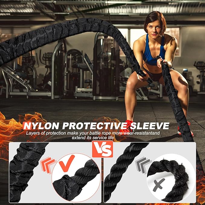 Battle Ropes for Home Gym Exercise: 1.26 Inch Diameter 30FT Length Workout Rope Exercise Rope Training Ropes with Protective Sleeve for Kids Men Women Exercise Fitness & Strength Training