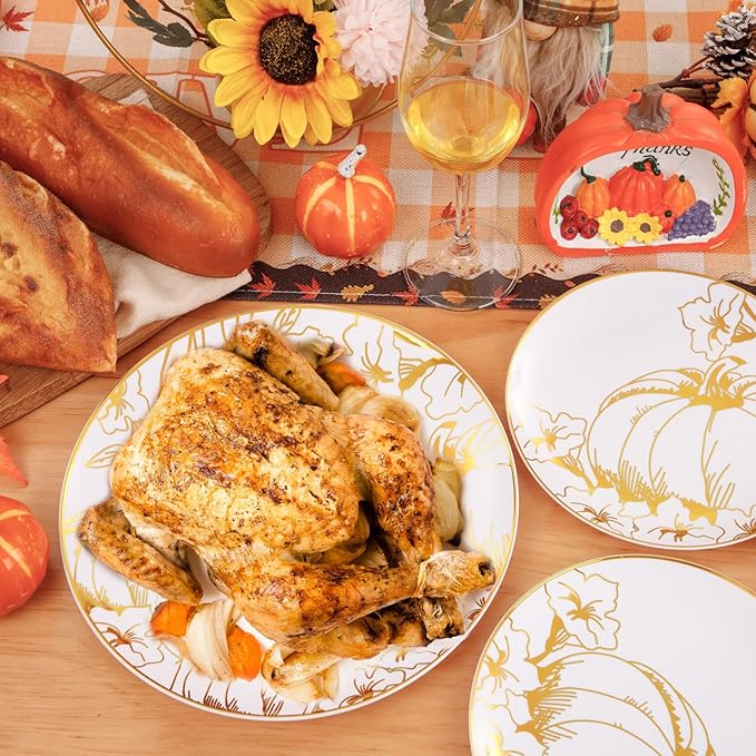 FLOWERCAT 60PCS Thanksgiving Plates & Gold Pumpkin Plates - Including 30PCS 10.25inch Thanksgiving Dinner Plates and 30PCS 7.5inch Dessert Plates for Giving Thanks Theme Party