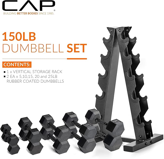 CAP Barbell 150 LB Coated Hex Dumbbell Weight Set with Vertical Rack | Multiple Options