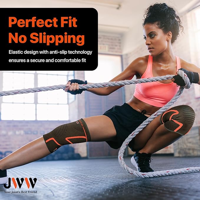 JWW Knee Compression Sleeve 2 Pack for Men and Women, Knee Brace for Knee Pain Relief, Comfortable Support for Running, Workout Sports and Daily Wear, Meniscus, ACL and Arthritis Recovery (Orange, XL)
