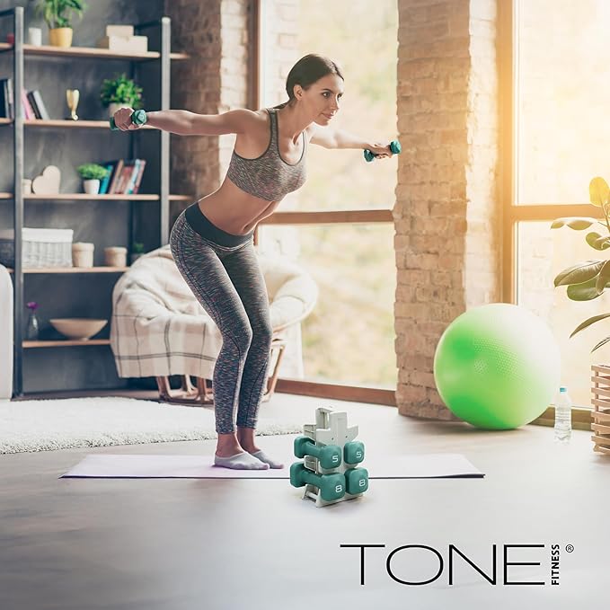 Tone Fitness Neoprene Dumbbell Set with Storage Rack – Non-Slip, Anti-Roll Hand Weights for Home Gym Workouts | 20 lb, 32 lb, 50 lb, 60 lb & 100 lb Options