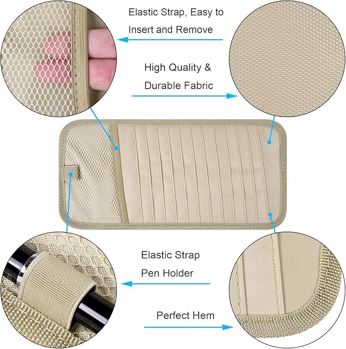 Car CD Case Holder, Wisdompro Vehicle Sun Visor Organizer for Cars with 12 DVD Storage Sleeves, 1 Mesh Pocket, 1 Pen Holder and Elastic Strap, Khaki