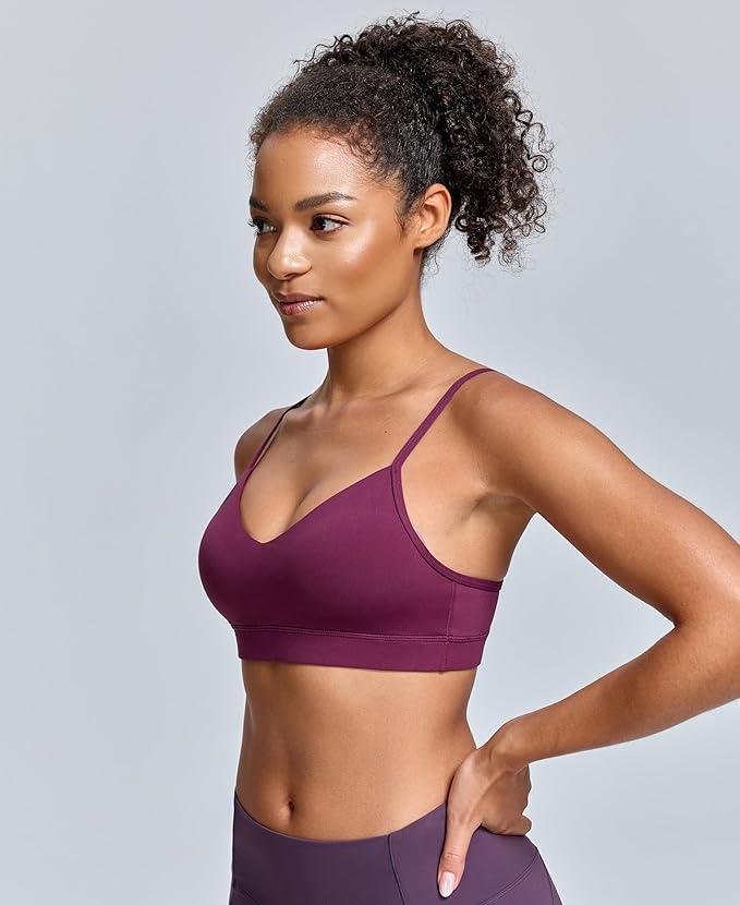 Oalka V Neck Sports Bra for Women Adjustable Padded Thin Straps Wireless Yoga Bras