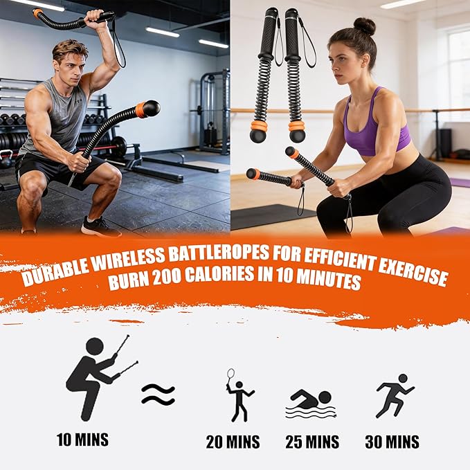 2PC Ropeless Battle Ropes,Portable Cordless Weighted Battle Ropes with Storage Bag, Heavy Duty Cordless Battle Rope for Home Gym HIIT & Cardio Full-Body Workout Tool with Non-Slip Spiral Handles Grey