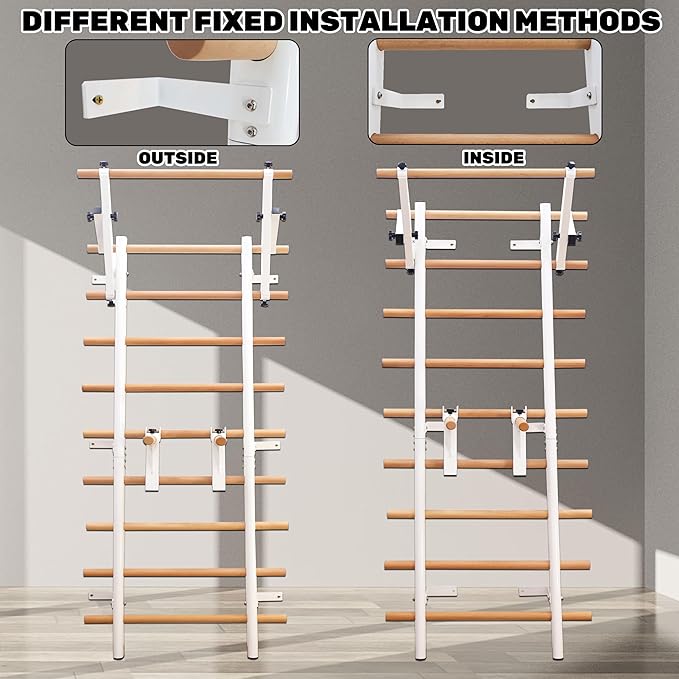 PreGymnastic Stall Bars, Swedish Ladder for Adult and Kids, Wall Bar with Wood Rods, Durable Steel Frame, Adjustable Pull Up and Dip for Strength, Flexibility at Home Gym, Studio