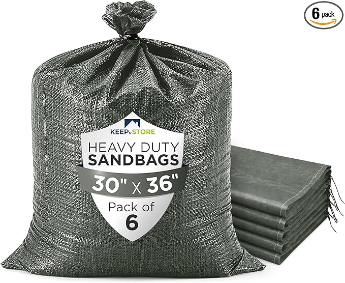 Heavy Duty Sand Bags Pack of 6, Army Green Empty Sandbags with Built-In Ties, Woven Polypropylene UV Protection 1600 Hours, Fillable Bags for Flood Control, Weight, 30x36 inches, 150 Pounds Volume