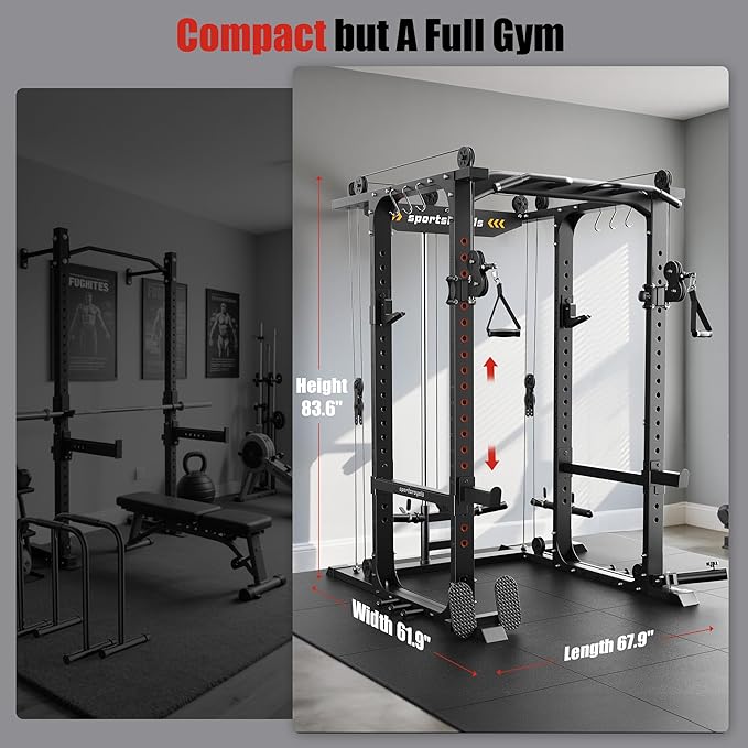 Sportsroyals Squat Rack, LAT Power Cage, Power Rack Multi-Function with Pulley System and Training Attachments for Home Gym