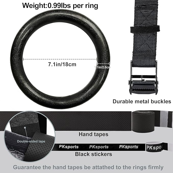PACEARTH Gymnastic Rings 1100lbs Capacity with 14.76ft Adjustable Buckle Straps Pull Up Exercise Rings Non-Slip Rings for Home Gym Full Body Workout
