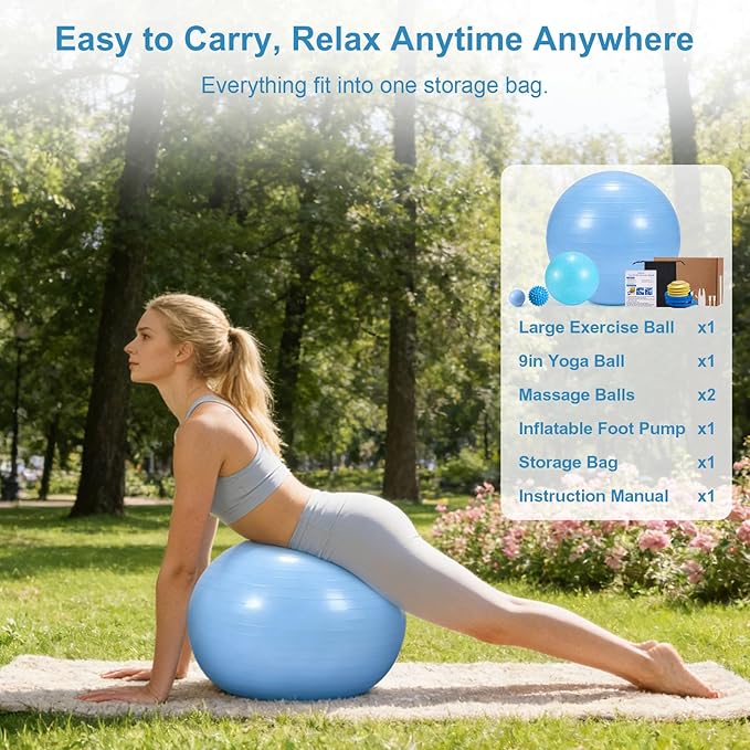 4Pcs Yoga Ball Set includes Large and 9in Pilates Balls, Massage & Spiky Ball for Fitness ,Anti-Burst Exercise Ball with Pumb for Pregnancy,Physical Therapy,Office Chair, Home Workout,3Sizes,3Colors