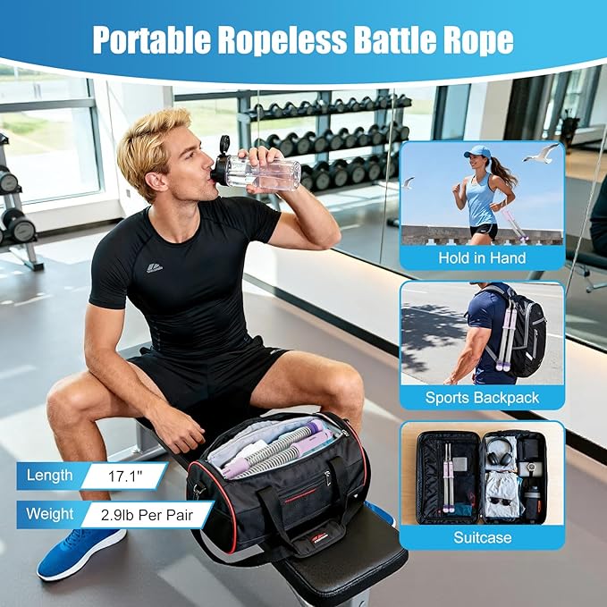 Weighted Ropeless Battle Ropes Adjustable Weight - Portable Cordless Battle Ropes for Home Gym with Poster - Strength Building, HIIT and Low-Impact Aerobic Training for Men & Women (Purple)