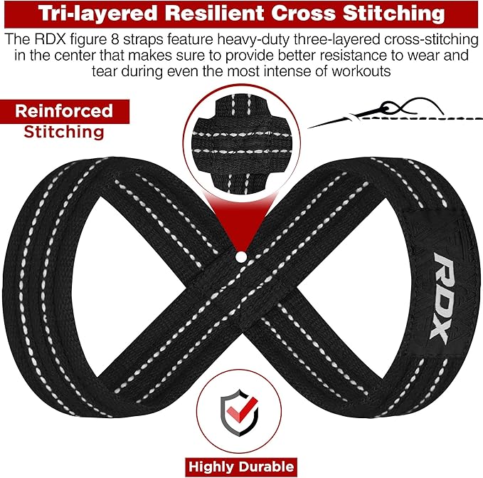 RDX Weight Lifting Straps Figure 8, Anti Slip Strap with Cuffs Wrist Support for Gym Workout Deadlift Powerlifting Bodybuilding Weightlifting, Fitness Strength Training, Hand Bar Grip for Men