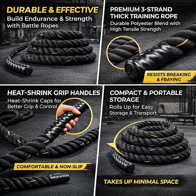 Fitvids Battle Rope 1.5Inch 2 Inch Diameter Poly Dacron 30 FT, 40 FT, 50 FT Length, Heavy Ropes for Home Gym and Workout
