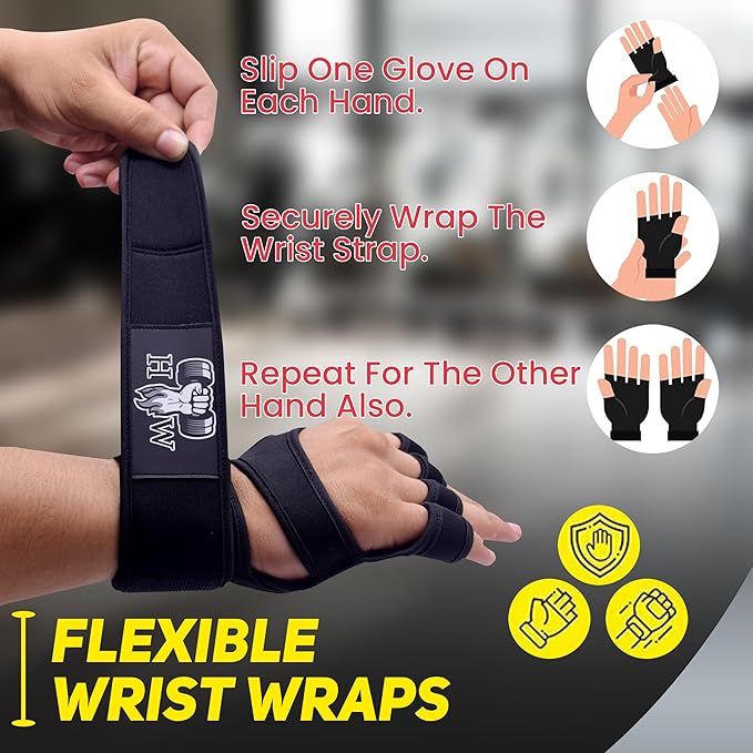 HW Weight Lifting Gloves for Men & Women – Gym Workout Gloves with Wrist Support, Full Palm Protection & Grip – Breathable Gloves for Crossfit, Training, Fitness & Strength Workouts