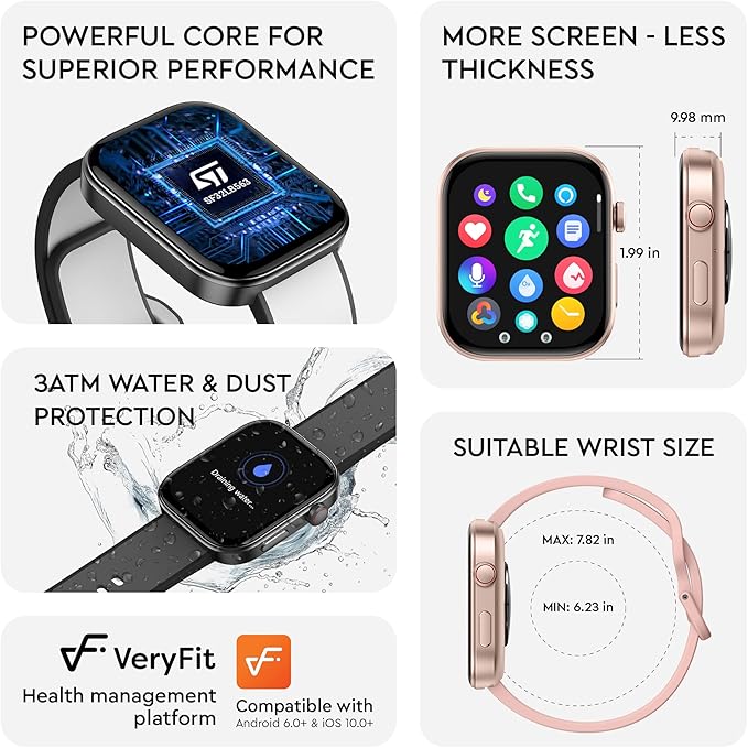 OCTANDRA Beyond VeryFit Smart Watch for Men Women 1.99" AMOLED Screen AI Voice 3ATM Fitness Tracker Watch Heart Rate/Blood Pressure/Oxygen Saturation/Stress/Step/Sleep Monitor (GTX12) (Black & White)