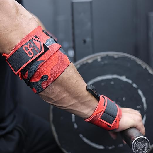 PR Personal Record Elbow Wraps for Weightlifting - Heavy Duty Construction, 25% More Elasticity, Reinforced Stitching, Extra Wide Fastener, Easy to Adjust, (Red Camo)