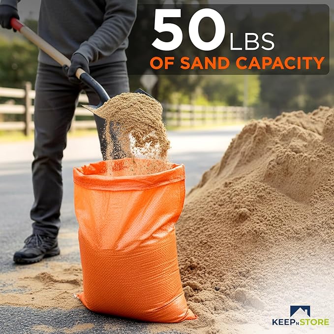 Heavy Duty Sand Bags Pack of 5, Bright Orange Empty Sandbags with Built-In Ties, Woven Polypropylene UV Protection 1600 Hours, Fillable Bags for Flood Control, Weight, 14x26 inches, 50 Pounds Volume