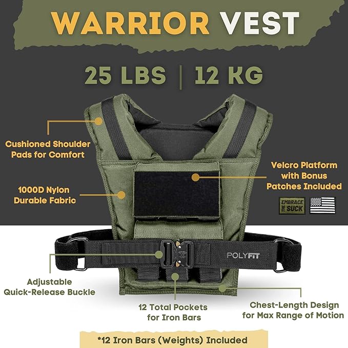 Polyfit (Warrior) Adjustable Weighted Vest - 25lb | 35lb | 45lb - Weight Vest with Adjustable Iron Weights for Men and Women for Workouts, Strength Training, Rucking