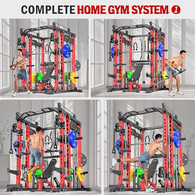 Smith Machine with Cable Crossover System, Multi-Function Power Cage Squat Rack for Home Gym, Power Rack and Packages Weight Sets.