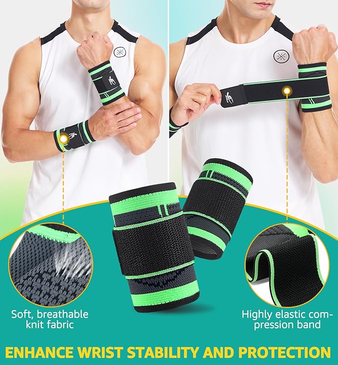 HiRui Wrist Brace Wrist Wraps Compression Wrist Strap, Wrist Support for Work Fitness Weightlifting Sprains Tendonitis, Carpal Tunnel Arthritis, Pain Relief, Adjustable Wristbands 2 PACK (Green, S)