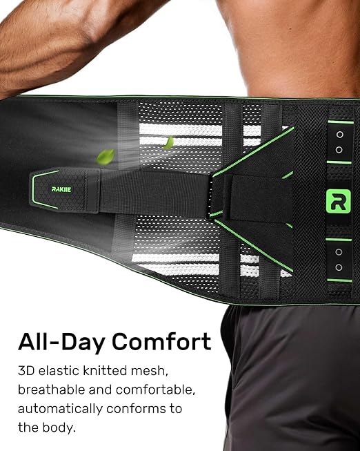 Rakiie Back Brace for Lower Back Pain Relief, 8 Stays Powerful Lumbar Support for Men Women, Back Support Belt with 3D Pad, Breathable Back Support Brace with Adjustable Strap for Herniated Disc, Sciatica, Green Size M