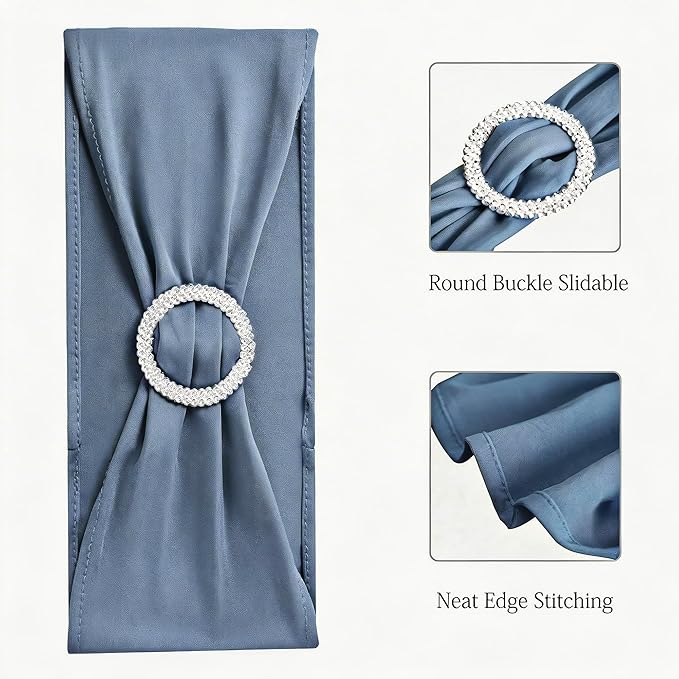 Pack of 50PCS Spandex Dusty Blue Chair Sashes Bows Elastic Chair Cover Bands Slider Buckles for Wedding Reception Banquet Bridal Decorations - Dusty Blue