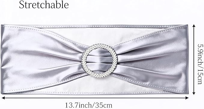 Pack of 100 Spandex Metallic Silver Chair Sashes for Wedding Stretch Chair Bands with Buckles Slider Bows Party Birthday Bridal Shower Engagement Anniversary Christmas Event Decor
