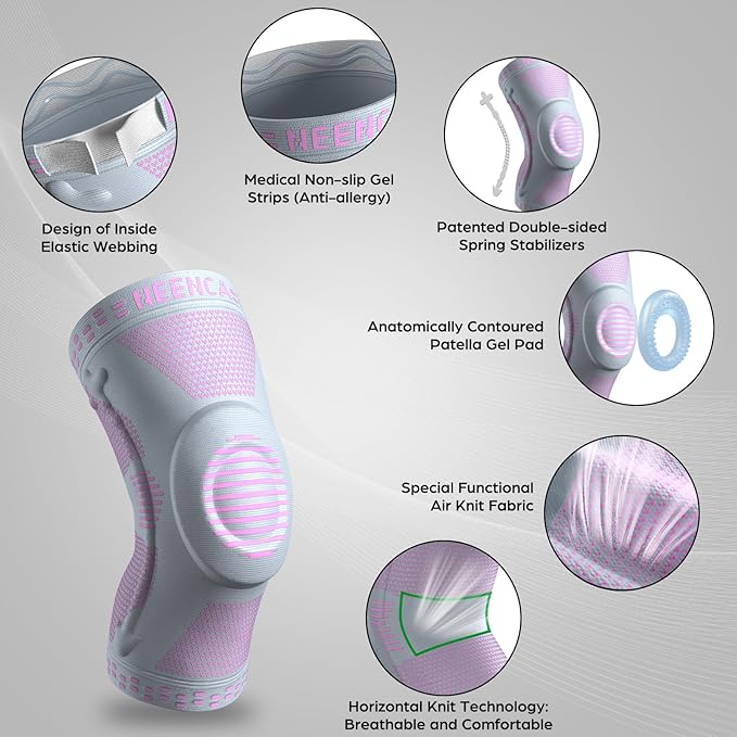 NEENCA Professional Knee Brace for Pain Relief, Medical Knee Support with Patella Pad & Side Stabilizers, Compression Knee Sleeve for Meniscus Tear, ACL, Joint Pain, Runner, Workout (Pink Gray, XS)