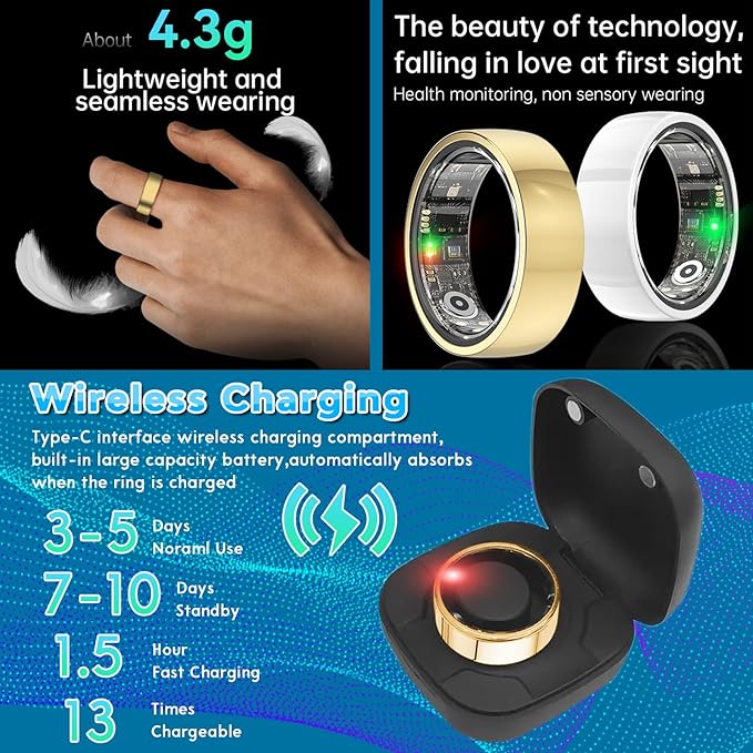 Smart Health Ring for Women Men,Fitness Rings Tracker with Blood Pressure Monitor Heart Rate Blood Oxygen Sleep Monitor IP68 Waterproof Step Counter Calorie Tracker Health Rings for Android iOS Phones