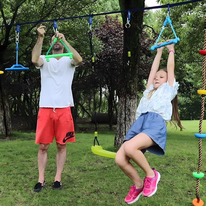 Multi-Color Ninja Rings & Monkey Bars - Adjustable Backyard Obstacle Course for Kids & Adults, Heavy-Duty Gymnastic Swing Rings, Ninjaline Slackline Training Kit (Yellow)