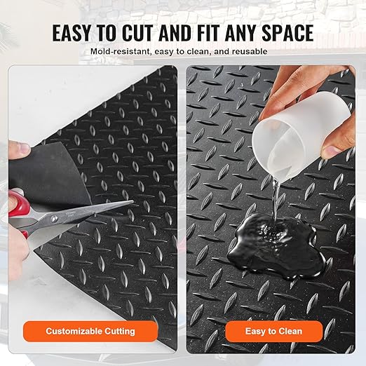 VEVOR Diamond-Plate Rubber Flooring Roll, 3 mm x 4 ft x 8 ft Floor Mat, SBR Rubber Roll, Easy to Clean, for Under Cars, Garage, Industry, Gym, Black