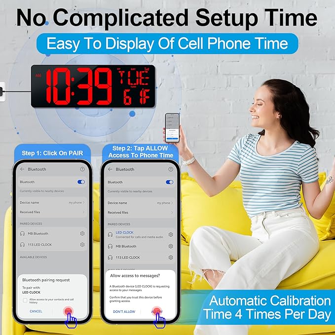 CYMHCHL 17.2" Large Digital Wall Clock Bluetooth Auto Time Sync Digital Clock Large Display Auto-Dimming/DST Led Wall Clock with Date Week Big Timer for Living Room Classroom Garage Gym Decor