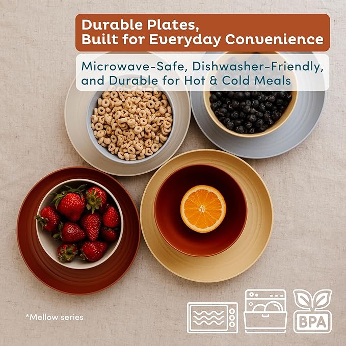Nook Theory 8-Pack Reusable Wheat Straw Plates Set - Non Toxic and Non Plastic Dinner Plates for Kids and Adults, Lightweight Unbreakable Plate, Microwave Safe and Dishwasher Safe (Mellow 9")