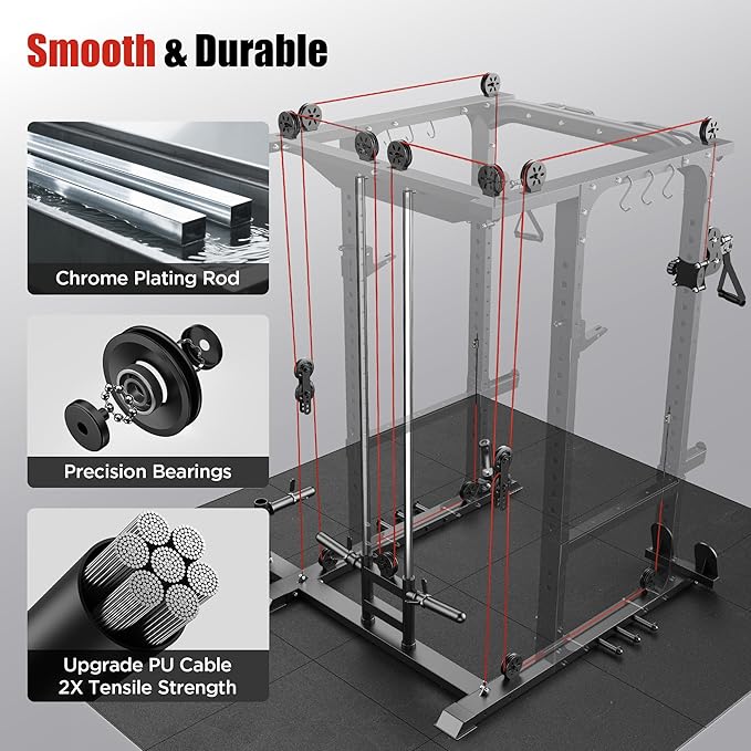 Sportsroyals Squat Rack, LAT Power Cage, Power Rack Multi-Function with Pulley System and Training Attachments for Home Gym