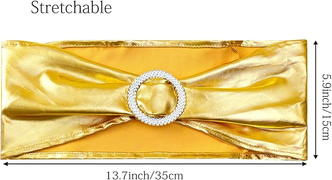 Wedding Spandex Metallic Gold Chair Sashes 100 Pack Chair Bands with Buckle Bronzing Gold Chairs Bows for Party Birthday Bridal Shower Engagement Anniversary Christmas Event Decorations