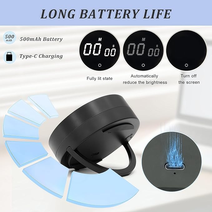 Digital Kitchen Timer - Magnetic 199-Minute Countdown Countup Timer with Large LED Display,Volume Adjustable, Visual timers for Cooking,Gym,Meeting,Classroom,Study,Work,Outdoor Activities,Black