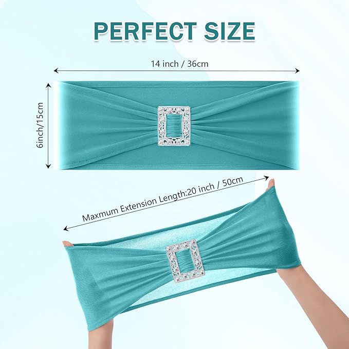 Joccun 60 PCS Spandex Chair Sashes Bows Stretch Chair Cover Band with Buckle Slider Universal Elastic Chair Ties for Wedding Banquet Party Event Decoration (Turquoise)