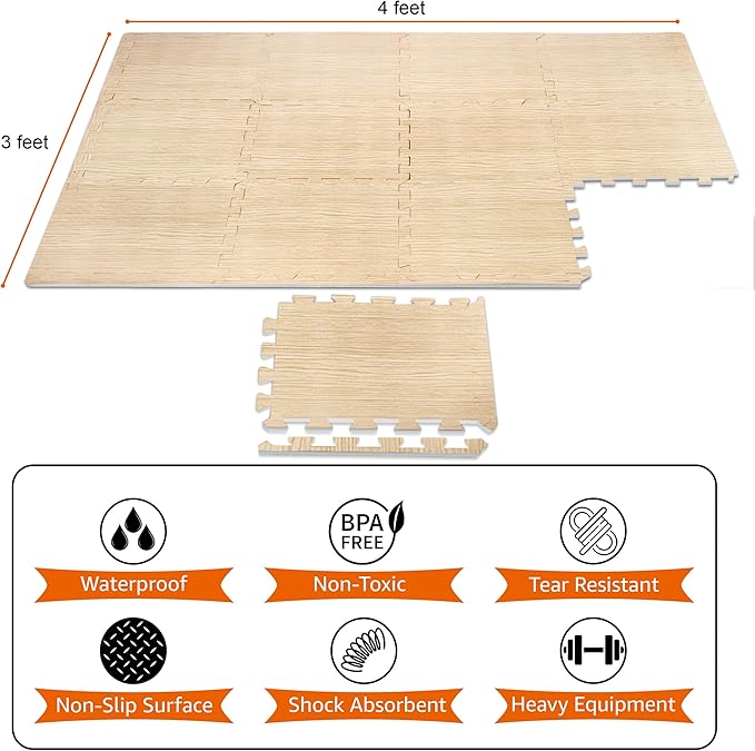 Sorbus Wood Grain Floor Mats Foam Interlocking Mats Each Tile 1 Square Foot 3/8-Inch Thick Flooring Wood Mat Tiles - Home Office Playroom Basement Trade Show (16 Tiles,16 Sq ft - Light Pine)
